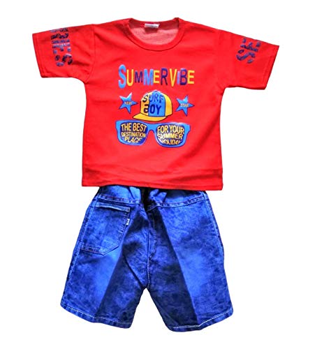 Image of Baby Boy T-shirt Shorts Pants and Jacket Denim Jeans Dress Clothing Set for Kids (Print Designs May Vary)