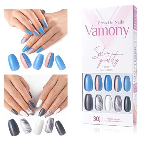 Vamony Press On Nails Short Length Coffin Shape Fake Nails, 60 Flake Nails With Solid &Designs(2Pcs), Stick On Acrylic Nail Tips Kit, False Nails For Women, Nail Art Manicure Set,Natural Cover