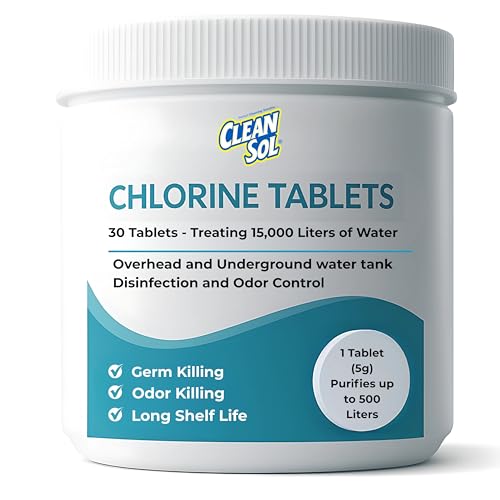 Image of Cleansol Chlorine Tablets for Water Tank Disinfection - 5g Each (Pack of 30) | 1 Tablet Treats 500 litres | Kills Germs & Controls Odour | Ideal for Overhead & Underground Water Tanks