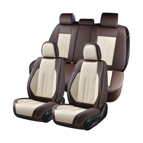 Image of Coverado Leather Car Seat Covers Full Set, 5 Seats Waterproof Seat Covers for Cars Front and Rear Seat Cushions Protectors Universal Fit Most Vehicles (Bronw&Beige)