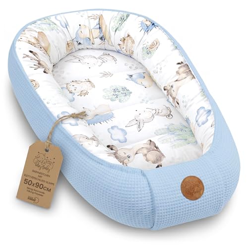 Totsy Baby Nido Bebe Recien Nacido 50x90cm - Reductor Cuna Capullo de colecho ninho para Dormir Gofre de algodón Cuco Ideal para Gondola moisés y Viaje Animales Azul