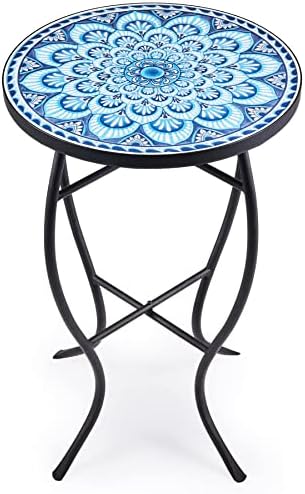 VONLUCE Mosaic Side Table and Plant Stand, 21" Round End Table with 14" Ceramic Tile Top, Indoor & Outdoor Accent Table, Porch Patio Furniture, Entryway & Coffee Table for Home & Garden, Blue Mandala