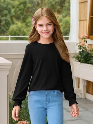 Haloumoning Girls Long Sleeve T Shirts Kids Fall Crewneck Tops Casual Smocked Cuffs Tees 5-14 Years2