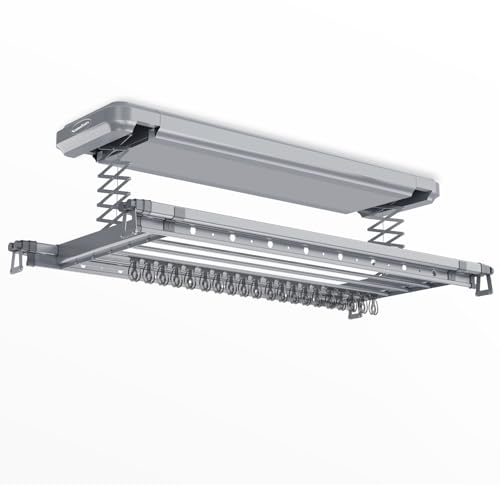 Image of KosmoCare Aluminum Alloy Ceiling Mounted Electric Clothes Drying Rack Space Saving Cloth Dryer Smart Lifting Motorized Laundry System Smart Clothes Hanger Remote Control Drying Poles Grey