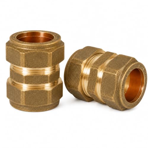 Image of Pipestation 15mm Brass Compression Equal Couplers, Straight Connectors for Copper Pipe, Solder-Free Plumbing Fittings for Repairs and Extensions, 2 Pack