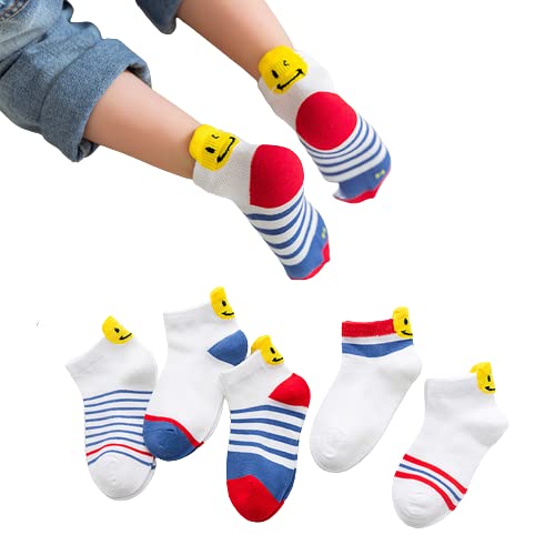 MOMISY 5 Pairs Baby Girl Boys Tube Socks Toddlers Infant Solid Color Boat Spring and Autumn Socks Stretch Baby Socks (SmileyStriped, 1 year to 3 year)