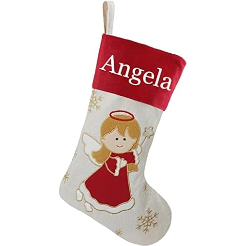 DearSun 18" Dia Personalized Christmas Stocking with Embroidered Names, Lovely Christmas Angel Designs Quality Linen Stockings for Holiday Family Decor (Angel) Cover