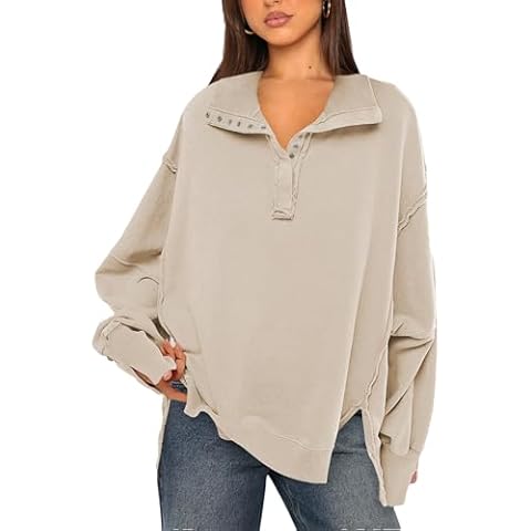 Wanzetaly Women's Oversized Sweatshirt Button Henley Neck Hoodies Long Sleeve Pullover Tops 2024 Outfits(0404-Apricot-L) Cover