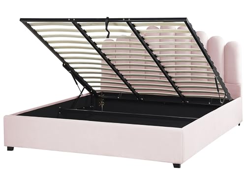 Letto contenitore velluto rosa 180 x 200 cm testata alta a conchiglia