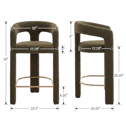 Image of HNY Modern Barrel Bar Stools Set of 3, 26 Inch Upholstered Sherpa Counter Height Bar Stools with Open Back and Armrests for Kitchen Island, Home Bar, Dining Room, No Assembly, Green