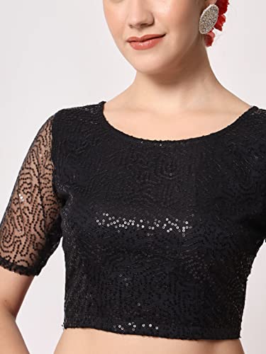 Image of studio rasa Women's Net Sequin Embroidered Sheer Sleeves Readymade Saree Blouse for Wedding Festive Party