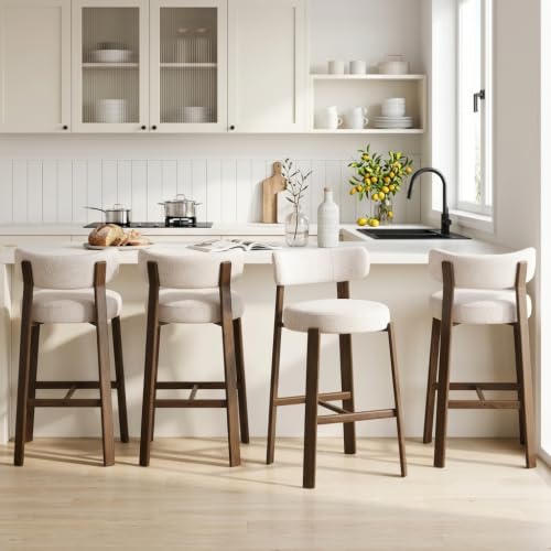 Butacos modernos tapizados, set de 2 unidades, asiento acolchado grueso y reposapiés, patas metálicas con acabado nuez, color beige miniatura 3