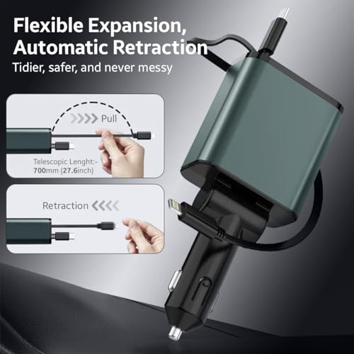 Image of AMPERE 90W Retractable Car Charger - 4 in 1 Fast Car Charger with USB-C & Lightning Cables & Dual USB Ports (Type-C PD & USB-A), LED Indicator, Compatible with iPhone & Type-C Android Smartphones