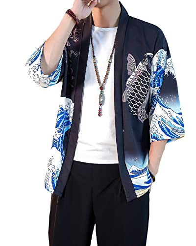 Image of PRIJOUHE Men's Lightweight Kimono Jacket Seven Sleeve Open Front Cardigan Coat Japanese Style Bathrobe