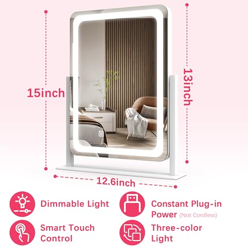 Image of ROLOVE Vanity Mirror with Lights, 12.6 inchx15 inch LED Makeup Mirror with Lights, Smart Touch Control 3 Color Dimmable, Lighted Desk Mirror for Bedroom, Light Up Mirror