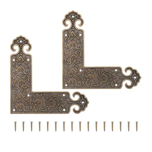Image of Decorative Corner Protectors 2Pcs Brass Furniture Corner Guards L Shape Retro Embossed Cabinet Edge Protectors for Tables Jewelry Boxes