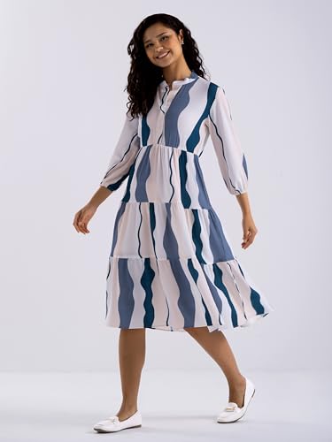 Image of AASK Women Diamond Creap Striped Printed Mandarin Collar Fit & Flare Dresss