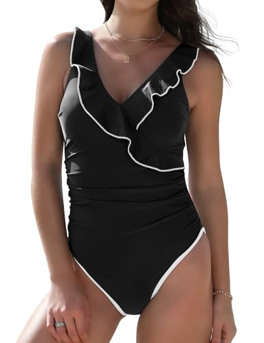 Buauty Women Ruffle One Piece Swimsuit Color Block V Neck Bathing Suit Slimming Swimwear