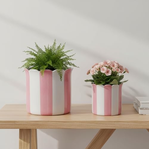 Set of 2 Ceramic Planters – Planter Pots for Greenery, Indoor or Outdoor Decor for Living Room, Patio, or Balcony – Striped Scallop Design for a Soft Tailored Look, Home Decor – 6" & 7", Pink & White