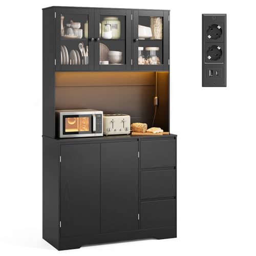 Xbro Armoire Cuisine, Buffet Haute avec Éclairage LED et Prise, Buffet avec 5 Portes, 3 Tiroirs et Portes en Verre,Meuble de Rangement avec Dispositif...