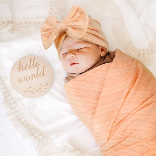 Image of BQUBO Baby Swaddle Blankets for Girls, 4PCS Newborn Accessories Set with Hat and Bow Headband with Hello World Wooden Birth Announcement Card, Baby Blankets for Girls