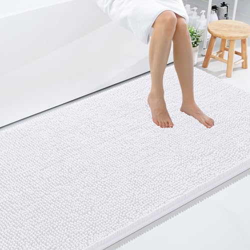 Smiry Luxury Chenille Bathroom Rugs 71x47, Extra Soft and Absorbent Shaggy Bath Mat, Machine Washable, Non-Slip Plush Carpet Runner for Tub, Shower, and Floor, Home Decor Accessories, White