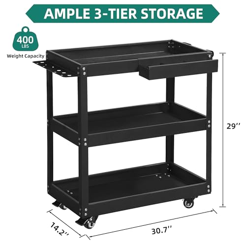 Yitahome MAYIHOZMF7 3-Tier Tool Cart On Wheels, Rolling Metal Service Cart With Screwdriver Hanging Board & Storage Box, Heavy Duty Steel Utility Cart 400Lb Load Capacity thumb #2