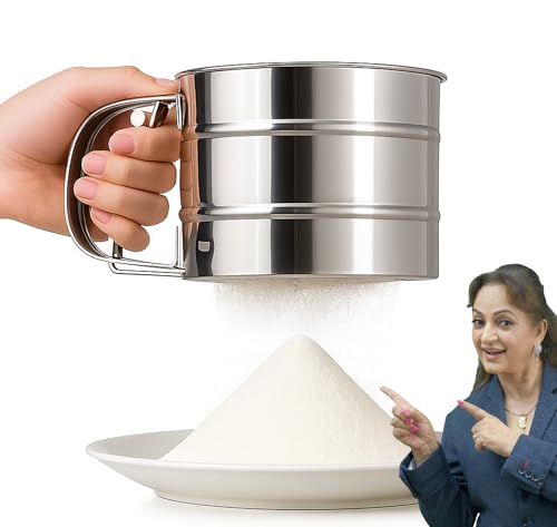 PANCA Stainless Steel Flour Sifter | Hand Press Atta Chhani with Handle | Large Capacity Corrosion-Resistant Flour Sieve Cup for Baking, Sugar, Wheat, Maida & Powdered Ingredients (1 Pc, Silver)