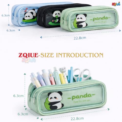 Image of Zqiue Cute Panda Pencil Pouch 3 Combo Set, Double Zipper Transparent Window Pen Case, Large Capacity Canvas Storage Bag for School, Kids, Teens & Office