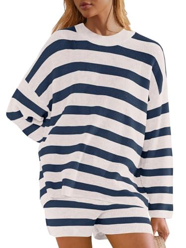 Image of Panadila Womens Striped Sweater Set Oversized Lounge Sets Matching Pajamas Long Sleeve Sweater Top and Shorts