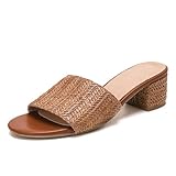 getmorebeauty Raffia Heeled Sandals for Women Chunky Heels Open Toe Slides Mules Sandals Slip On Summer Shoes (Brown US8.5)
