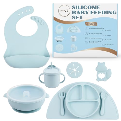 Image of Silicone baby feeding set - 9 Pcs Baby Eating Essentials for Easy Cleanup, Strong Suction Plates, No Mess Silicone Bib, Soft Chewable Utensils, Spill-Proof Sippy Cup - Ideal for Mess-Free Mealtimes