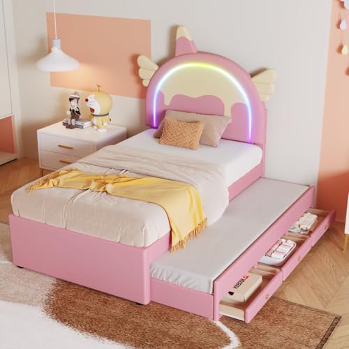 PUGSDRLY Lit Enfant 90x200cm avec lit Extensible 90x190cm et 3 Tiroirs,Lit Fille avec Tête en Forme de Licorne et Bande LED,Cadre avec Sommier à Lattes,sans...