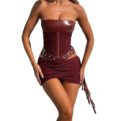 Women's Outfit Lace-Up Crop Tube Top in Leather with Bodycon
