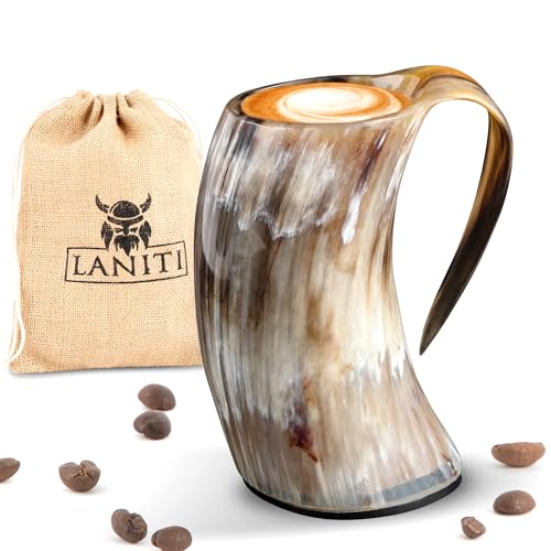 LANITI Viking Drinking Horn Mug Medieval Style Genuine Ox Horn Mug Handcrafted Authentic Tankard for Ale Beer Mug Game Of Thrones Merchandise Handcrafted (Medium)