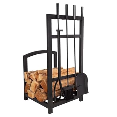 Heavy Duty Firewood Rack With Tool Holder, Wrought Iron Indoor & Outdoor Log Storage Stand