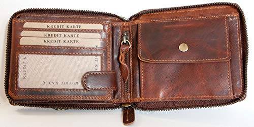FLW Large Glazed Genuine Leather Wallet with Metal Zipper Around and Chain2