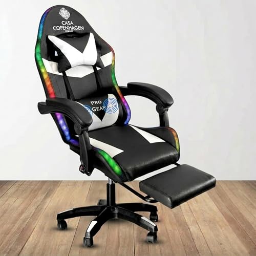 Image of Casa Copenhagen Designed in Denmark,High-Back Italian Leather Gaming Ergonomic Chair with Advanced Mechanism with LED Light & Electric Back Massager, Memory Foam Seating - White & Black