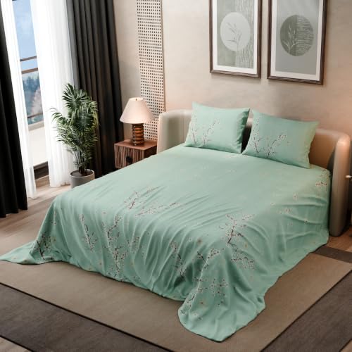 Image of BLISSHOME SoftTouch 140TC Cotton King Size Printed Bedsheet with 2 Pillow Covers for Double Bed, Silky Smooth Bedding Set, Breathable, Easy Maintain, Floral Print - Green, Ivory