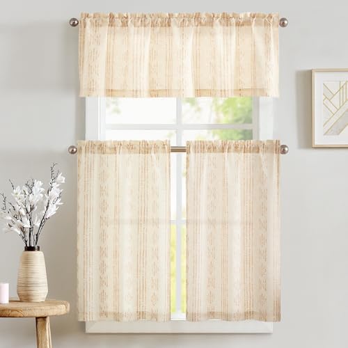 jinchan Boho Stripe Kitchen Curtains and Valance Set Linen Tier Curtains Bohemian Small Window...