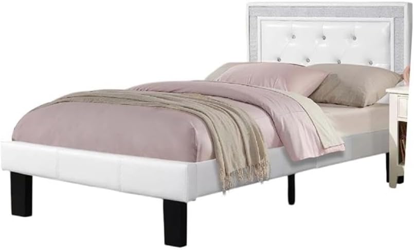 Pemberly Row Twin Bed, White Faux Leather Upholstery, Diamond Tufted Headboard with Faux Crystal Buttons, Silver Trim, Espresso-Finished Wooden Legs, Compact Size for Kids, Teens, or Guest Bedrooms