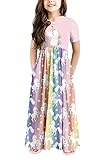 Yoklass Girls Unicorn Dress Summer Short Sleeve Casual Long Pink Maxi Dress with Pockets Rainbow Dre