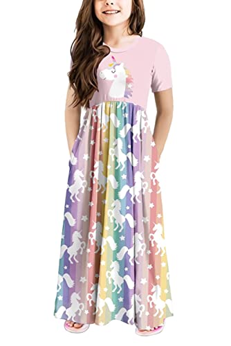Yoklass Girls Unicorn Dress Summer Short Sleeve Casual Long Pink Maxi Dress With Pockets Rainbow Dress For Girls Size 7-8 #TOP19