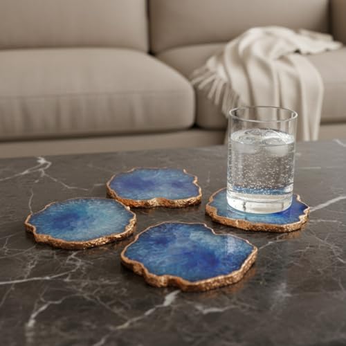 Image of Natural Agate Stone Tea Coasters Set | Premium Stone Coasters for Tea, Coffee & Glass | Heat Resistant Coasters for Dining Table, Office Desk & Home Decor | Pack of 4 | Color -Blue