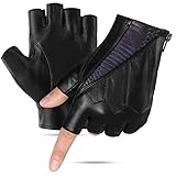 FIORETTO Mens Fingerless Leather Driving Gloves – Genuine Sheepskin Half Finger Motorcycle Gloves, Unlined Black-blue Large