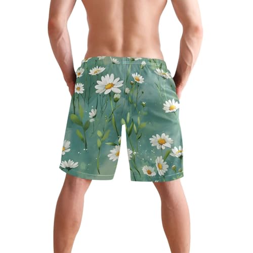 Men’s Swim Trunks Green Leaves White Flowers Beach Board Shorts Swimming Short Pants Running Sports Surffing Shorts3
