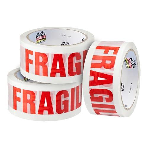 Double Dragon Extra Thick Fragile Printed Tape 48mm wide 66m long (Pack of 3) | Tear-Resistant High-Tack & Long-Lasting | Ideal for Packing Moving Shipping Labelling | Fits Dispensers etc