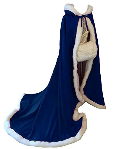 Long Wedding Cloak Hooded Cape Winter Fur Trim and Hand Muff 71 IN Royal Blue