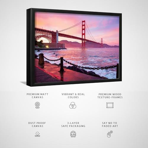 Image of ARTCREST Golden Gate Bridge San Francisco Canvas Wall Painting with Black Frame | Large Cityscape Wall Art for Living Room, Office Walls & Hallway | Modern Decorative Canvas Wall Decor (16x20 Inches)