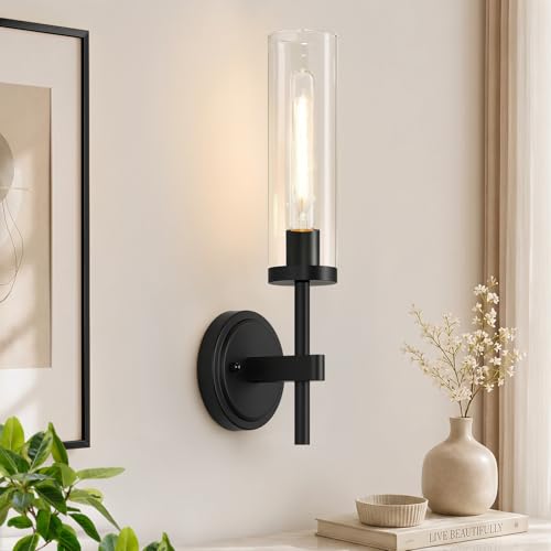 Image of MOKATNG Hardwired Wall Sconces, Matte Black Bathroom Sconces with Clear Glass, Modern Wall Light Fixtures for Bathroom Mirror Vanity, Living Room, Bedroom, Hallway, Stairway, Cabinet, Foyer